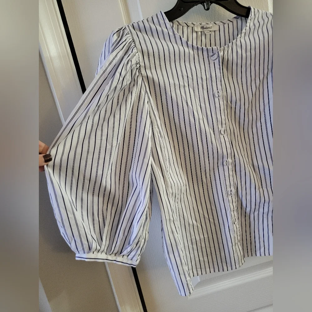 Madewell Puff Sleeve Cotton Button-Up Blouse Top Blue White Stripe Size 6